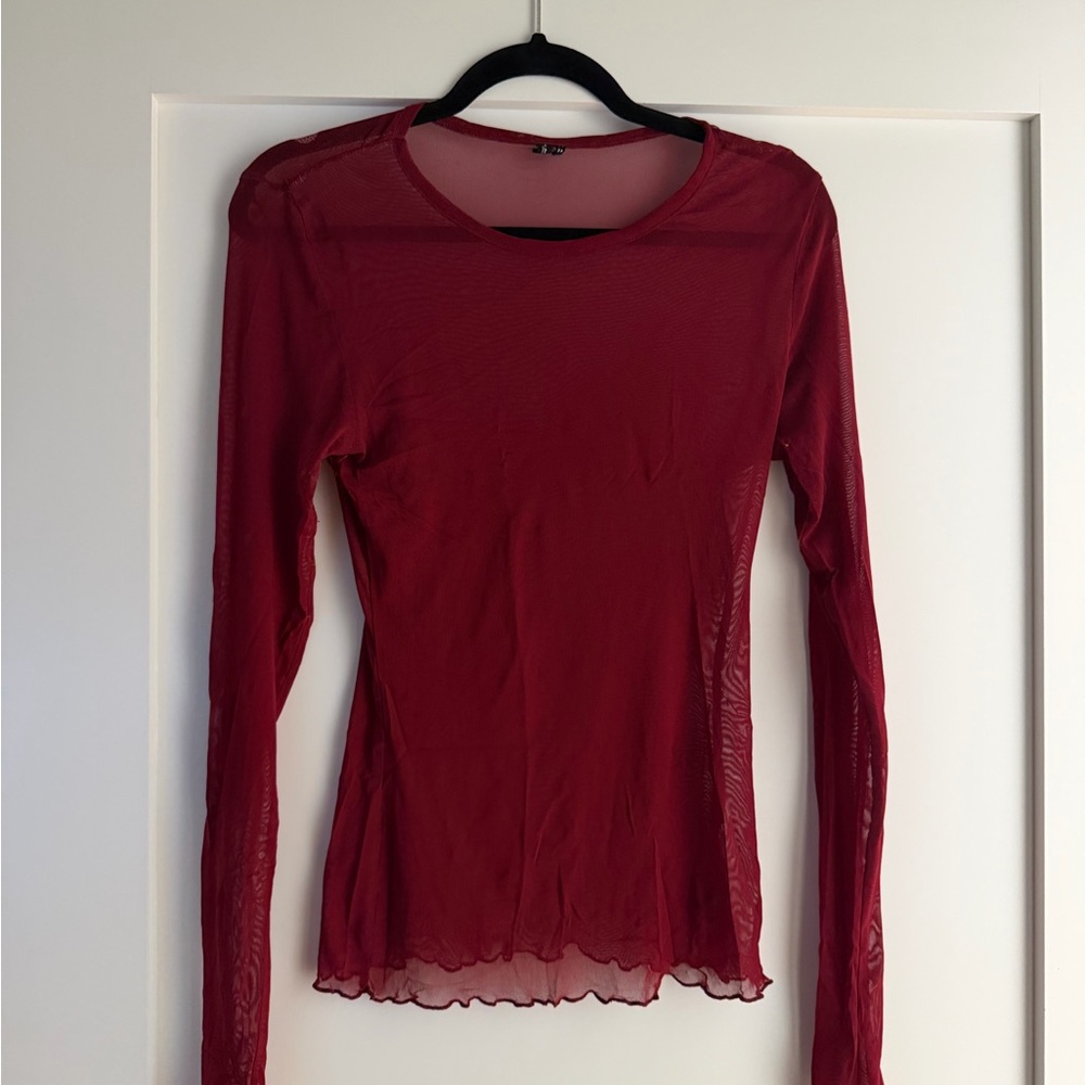 Sheer Red Long Sleeve Women's Lettuce Hem Top